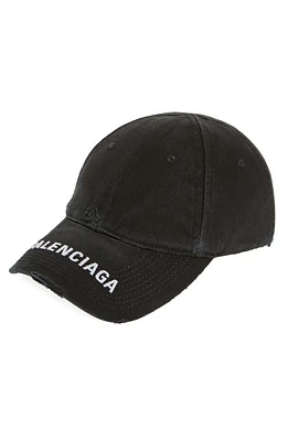 Balenciaga Distressed Logo Embroidered Denim Baseball Cap Black/White at Nordstrom,