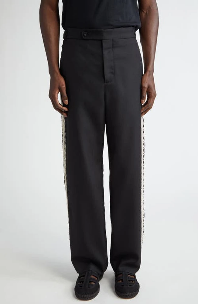 Bode Lacework Side Buckle Wool Trousers Black at Nordstrom,