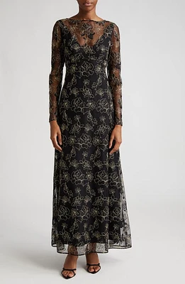 Lela Rose Floral Embroidery Long Sleeve Gown in Black at Nordstrom, Size 4