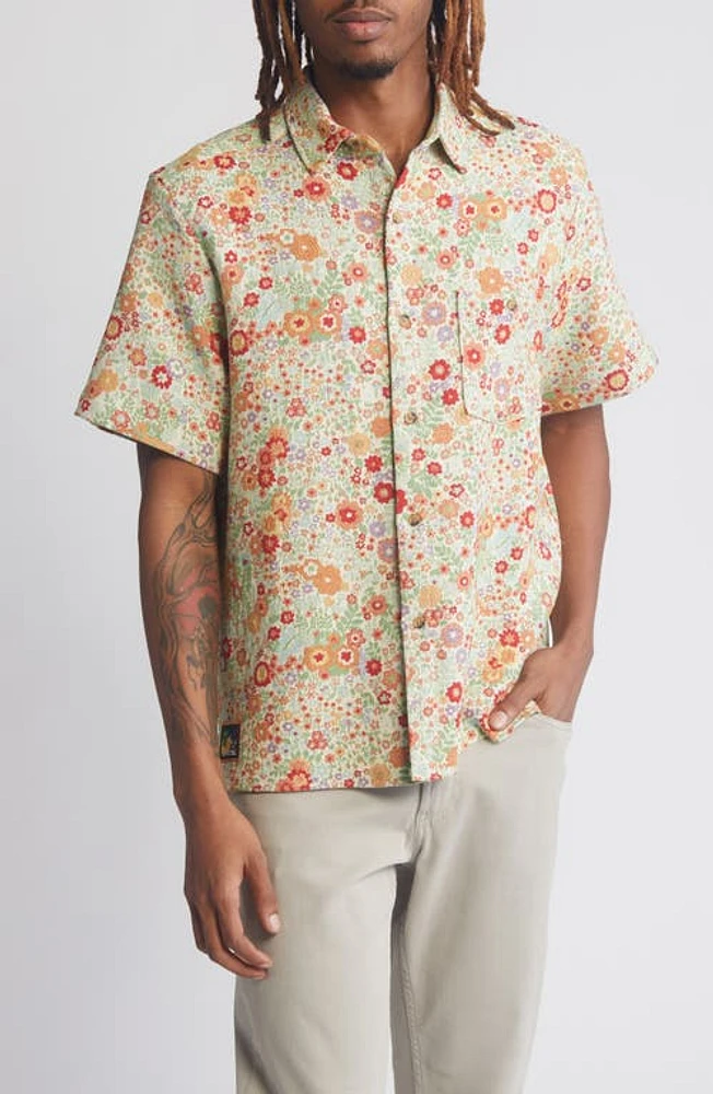 Percival Clerk Floral Jacquard Short Sleeve Cotton Button-Up Shirt Green Multi at Nordstrom, R