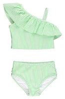 RuffleButts Kids' Seersucker One-Shoulder Two-Piece Swimsuit Spring Green at Nordstrom,