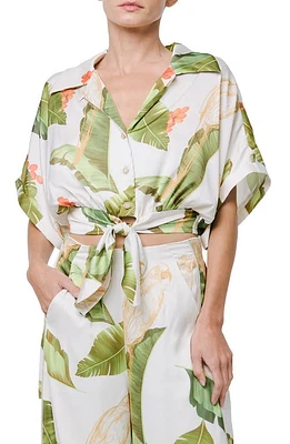 CIEBON Nina Print Tie Waist Crop Shirt Cream Multi at Nordstrom,