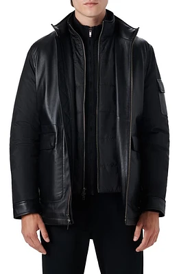 Bugatchi Full Zip Leather Bomber Jacket with Removable Bib Caviar at Nordstrom,