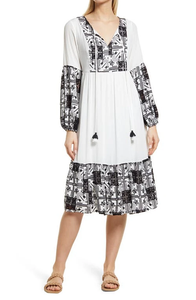 BTFL-life Embroidered Long Sleeve Border Print Shift Dress Black/White at Nordstrom,