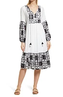 BTFL-life Embroidered Long Sleeve Border Print Shift Dress Black/White at Nordstrom,