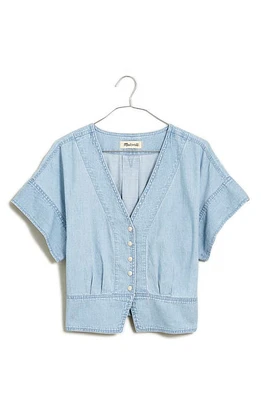 Madewell Pleated Short Sleeve Denim Top in Doral Wash at Nordstrom, Size X-Large