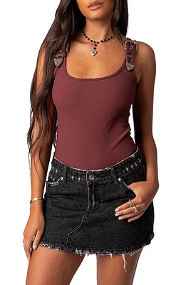 EDIKTED Laney Rib Buckle Strap Bodysuit Bordu at Nordstrom,