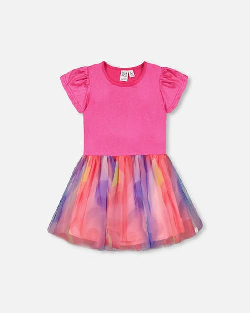 Deux Par Deux Girl's Bi-Material Shiny Rib And Mesh Dress Fuchsia With Printed Rainbow Heart in Fuchsia With Rainbow Heart at Nordstrom