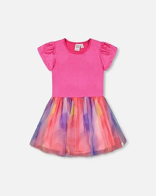 Deux Par Deux Girl's Bi-Material Shiny Rib And Mesh Dress Fuchsia With Printed Rainbow Heart in Fuchsia With Rainbow Heart at Nordstrom