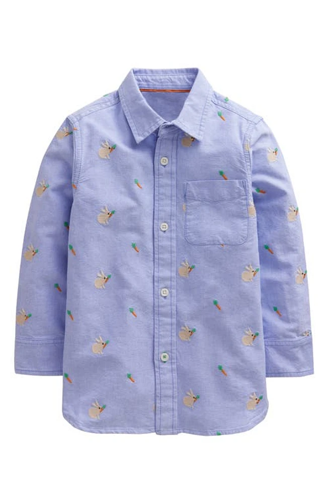 Mini Boden Kids' Embroidered Cotton Oxford Button-Up Shirt Blue Embroidery at Nordstrom, Y