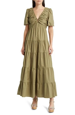 Charles Henry Ruched Tiered Dress Olive at Nordstrom,