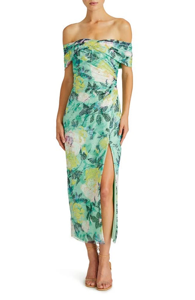 ML Monique Lhuillier Allie Floral Print Off the Shoulder Lace Midi Cocktail Dress Wild Rose at Nordstrom,