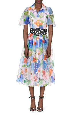 Carolina Herrera Floral Contrast Belt Silk Shirtdress Blush Multi at Nordstrom,