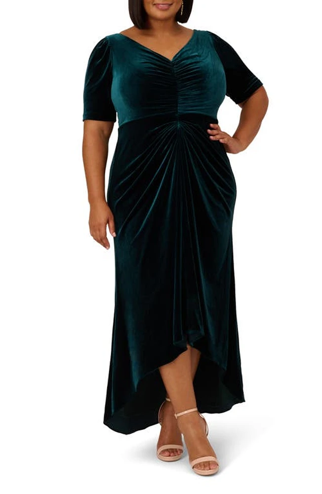 Adrianna Papell Ruched Velvet High-Low Gown Emerald at Nordstrom,