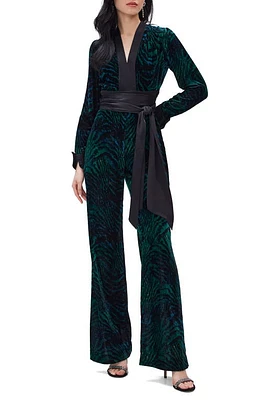 Diane von Furstenberg Vegas Tiger Print Long Sleeve Velvet Jumpsuit Moire at Nordstrom,