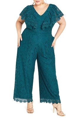 City Chic Sylvia Ruffle & Lace Wide Leg Jumpsuit Teal at Nordstrom