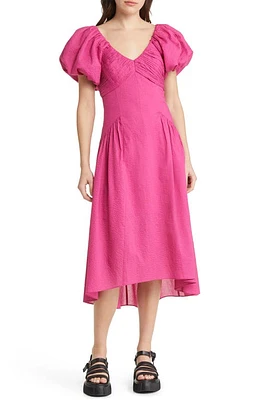 FRAME Puff Sleeve High-Low Cotton Dress Fuchsia at Nordstrom,