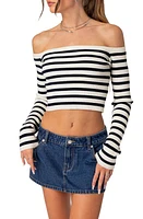 EDIKTED Miranda Stripe Rib Off the Shoulder Long Sleeve Knit Crop Top Mix at Nordstrom,