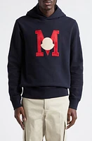 Moncler Monogram Embroidered Logo Patch Hoodie Dark Navy Blue at Nordstrom,