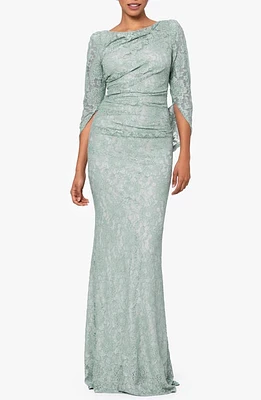 Betsy & Adam Drape Back Cape Sleeve Lace Trumpet Gown Sage at Nordstrom,