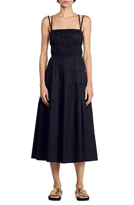 sandro Popelina Stretch Cotton Midi Sundress Black at Nordstrom,