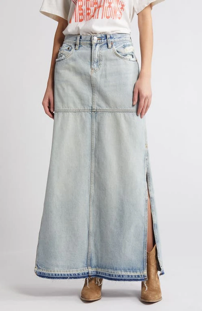 Re/Done Mid Rise Organic Cotton Denim Maxi Skirt Ripped Tide at Nordstrom,