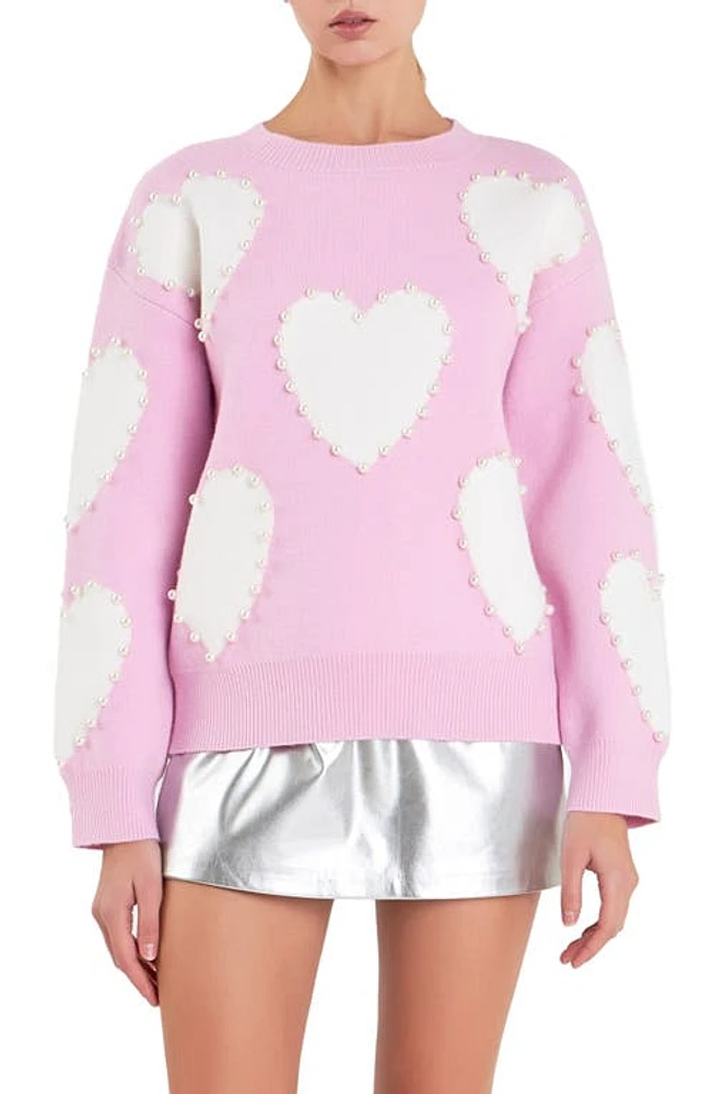 English Factory Heart Imitation Pearl Sweater Cream Multi at Nordstrom,