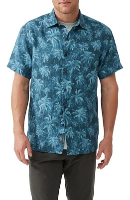 Rodd & Gunn Destiny Bay Palm Tree Print Short Sleeve Linen Button-Up Shirt Teal at Nordstrom,