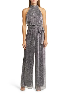 Eliza J Sequin Metallic Halter Neck Jumpsuit in Silver at Nordstrom, Size 8