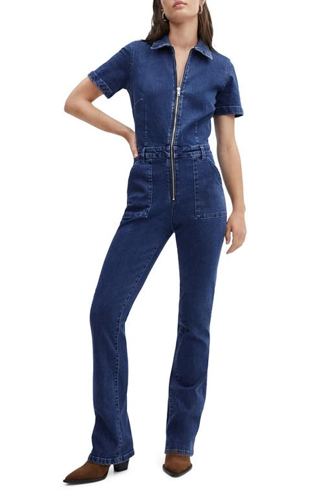 MANGO Short Sleeve Denim Jumpsuit Dark Blue at Nordstrom,