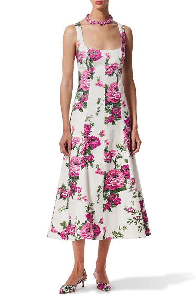 Carolina Herrera Floral Sleeveless Stretch Cotton Midi Dress White Multi at Nordstrom,