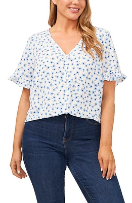 CeCe Cascading Floral Ruffle Sleeve Crepe Blouse Soft Ecru/Multi at Nordstrom,