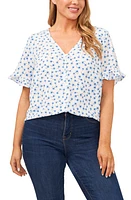 CeCe Cascading Floral Ruffle Sleeve Crepe Blouse Soft Ecru/Multi at Nordstrom,