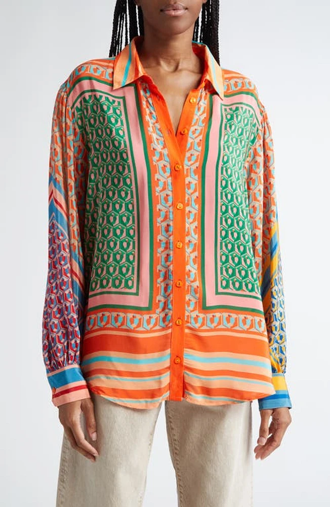 FARM Rio Cashew Mixed Print Button-Up Shirt Orange Multi at Nordstrom,