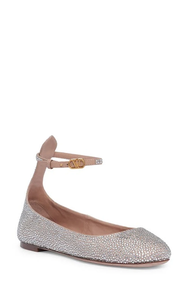 Valentino Garavani Tan-Go Crystal Embellished Ankle Strap Ballet Flat Crystal/Rose at Nordstrom,