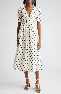 Zimmermann Polka Dot Pleated Linen Midi Dress Cream/Black at Nordstrom,