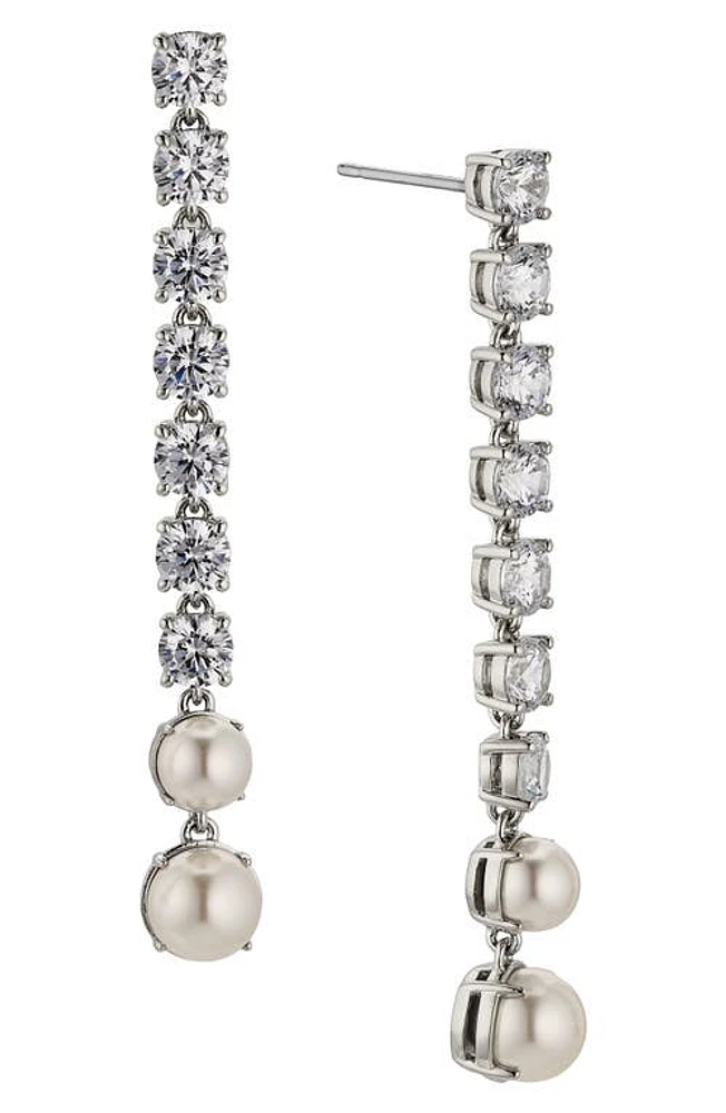 Nadri Cubic Zirconia & Imitation Pearl Linear Drop Earrings in Rhodium at Nordstrom