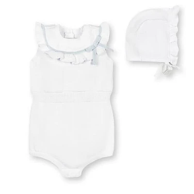 Hope & Henry Layette Baby Girl Organic Sleeveless Ruffle Sweater Romper and Bonnet 2-Piece Set, Infant White With Pale Blue at Nordstrom,