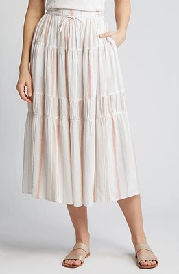 caslon(r) Stripe Tiered Linen Blend Midi Skirt White- Tan Taylor at Nordstrom,