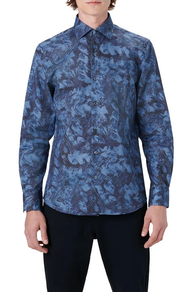 Bugatchi Shaped Fit Abstract Print Stretch Cotton Button-Up Shirt Indigo at Nordstrom,