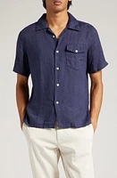 Eleventy Short Sleeve Linen Button-Up Shirt Navy at Nordstrom,