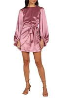 Petal & Pup Opal Tie Waist Long Sleeve Satin Minidress at Nordstrom,