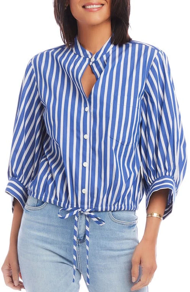 Karen Kane Stripe Tie Hem Cotton Blend Button-Up Shirt Indigo at Nordstrom,