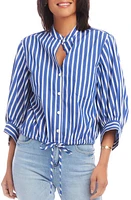 Karen Kane Stripe Tie Hem Cotton Blend Button-Up Shirt Indigo at Nordstrom,