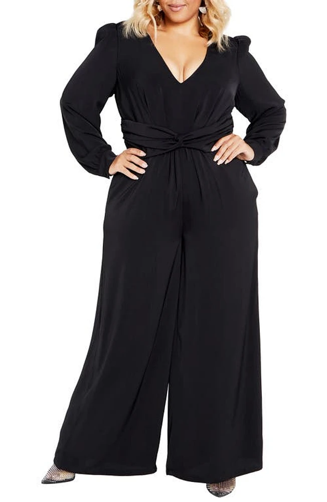 City Chic Blakely Twist Waist Long Sleeve Wide Leg Jumpsuit at