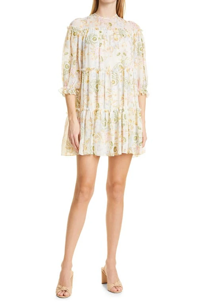 Ted Baker London Bellona Floral Long Sleeve Tiered Trapeze Dress White at Nordstrom,