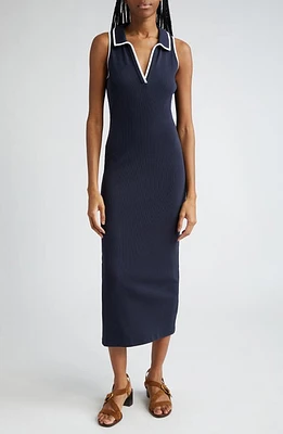 Veronica Beard Darien Contrast Binding Pima Cotton Rib Midi Dress Navy at Nordstrom,