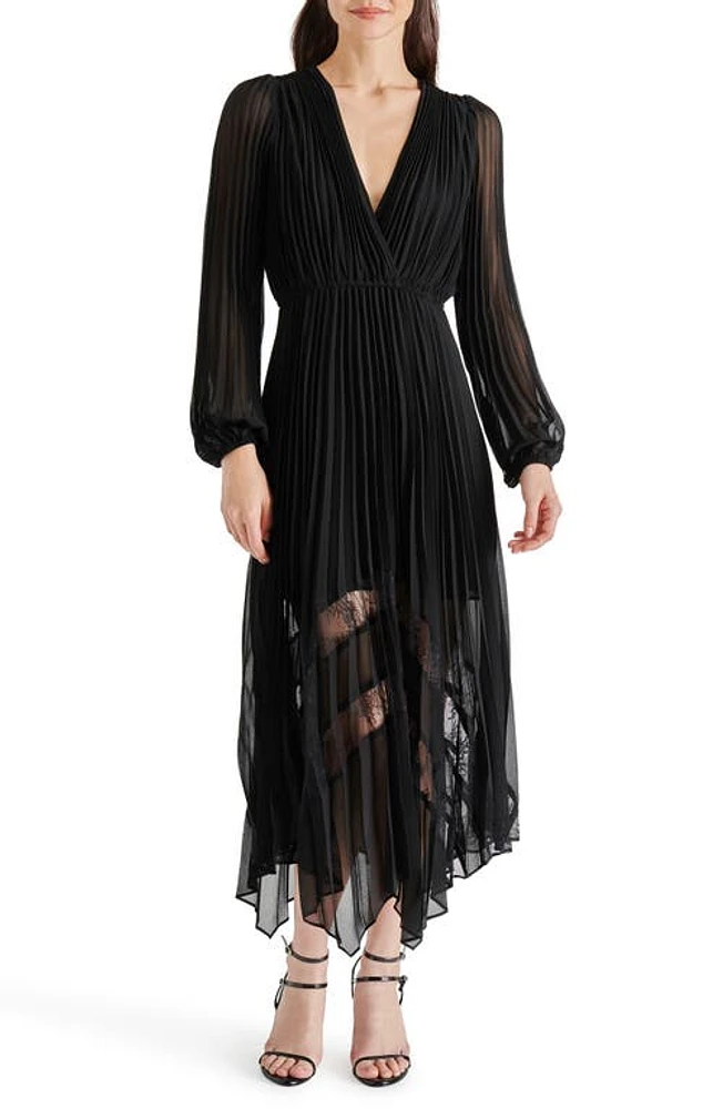 Steve Madden Ari Pleated Long Sleeve Chiffon & Lace Dress in Black at Nordstrom, Size Small