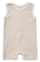 QUINCY MAE Stripe Rib Sleeveless Organic Cotton Henley Romper Oat at Nordstrom,