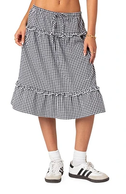 EDIKTED Gingham Tiered Ruffle Midi Skirt Black-And-White at Nordstrom,